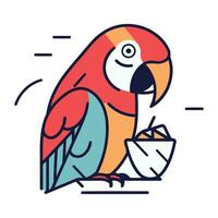 süß Papagei mit Schüssel von Kokosnuss. Vektor Illustration im dünn Linie Stil.