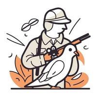 Jäger mit ein Gewehr und ein Taube. Vektor Illustration im dünn Linie Stil.