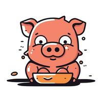 söt tecknad serie gris med en skål av mat. vektor illustration.
