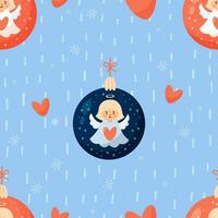 nahtlos Muster mit Weihnachten Ball mit wenig Engel Mädchen auf Blau Hintergrund. Vektor Neu Jahr Illustration im Karikatur Stil. süß Weihnachten Kinder Sammlung.