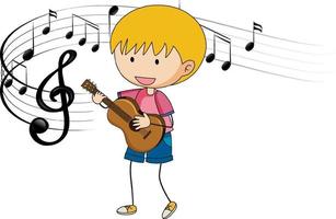 Cartoon kritzelt einen Jungen, der Gitarre mit Melodiesymbolen spielt vektor