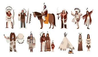 einstellen von Indianer im traditionell Kostüme. einheimisch amerikanisch Familie, Mädchen, Schamane, Menschen mit ein Bogen und Pfeile, Friedenspfeife, ein Speer, auf ein Pferd. bunt Vektor Illustration im Karikatur Stil.