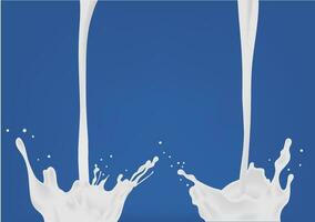 häller mjölk. två vit strömma och stänk. färgrik realistisk vektor illustration på blå bakgrund.