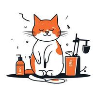 vektor illustration av en röd katt Sammanträde på de golv och tvättning maträtter.