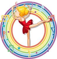 ballerina i regnbågens runda ram med melodisymboler vektor