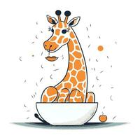 söt tecknad serie giraff Sammanträde i en skål. vektor illustration.