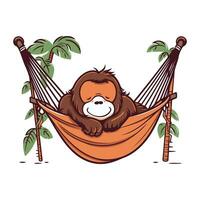 süß Karikatur Affe Schlafen im Hängematte mit Palme Bäume Vektor Illustration Grafik Design