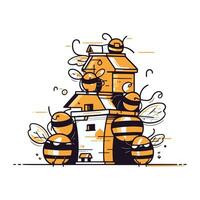 Honig Bienen fliegend um das Haus. Vektor Illustration im Gekritzel Stil