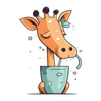 süß Karikatur Giraffe Trinken Milch von ein Glas. Vektor Illustration.