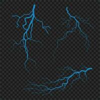 blå blixt- samling vektor element på en mörk bakgrund. illustration av bult strejk, åskväder design. blixt- under regnstorm