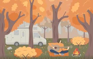 Wohnwagen oder Wohnmobil im Herbstwald mit einem Mädchen, das Gitarre spielt. vektor