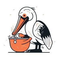 Pelikan mit ein Schüssel von Lebensmittel. Vektor Illustration im Karikatur Stil.