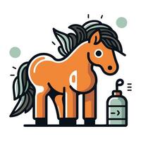 Pferd mit sprühen Flasche eben Linie Symbol. Vektor Illustration im linear Stil