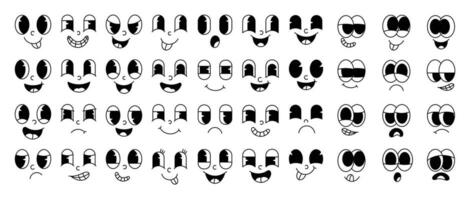 uppsättning av 70s häftig komisk ansikten vektor. samling av tecknad serie karaktär ansikten, i annorlunda känslor, Lycklig, arg, ledsen, glad. söt retro häftig hippie illustration för dekorativ, klistermärke. vektor