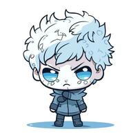 süß Anime Junge mit Blau Augen und Blau Haar. Vektor Illustration.