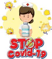 Stoppen Sie das Covid-19-Logo mit einer Krankenschwester, die eine Covid-19-Impfstoffflasche hält vektor