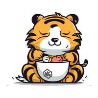 süß Tiger mit ein Tasse von Tee. Vektor Karikatur Illustration.