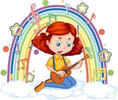 flicka som spelar gitarr på molnet med regnbåge vektor