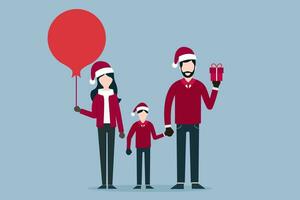 Lycklig familj i jul dag, make innehar en gåva och innehar hans söner hand, fru innehar en röd ballong, jul, jul person, illustrationer vektor. vektor