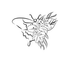 linjär fjäril vinge med vild tropisk blommor. skön hand dragen vektor illustration. t-shirt skriva ut mall. färg antistress sida.