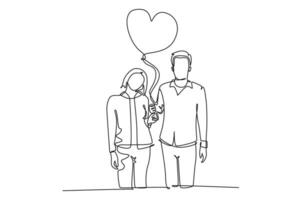 enda kontinuerlig linje teckning ung Lycklig man och kvinna par ta en promenad tillsammans och innehav hjärta formad ballong. romantisk äktenskap kärlek begrepp. ett linje dra grafisk design vektor illustration