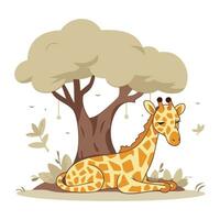 Giraffe Sitzung unter ein Baum. Vektor Illustration im Karikatur Stil