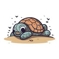 Karikatur Schildkröte. Vektor Illustration von ein süß Schildkröte auf das Sand.