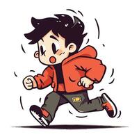 vektor illustration av en pojke i en röd jacka löpning i en skynda.