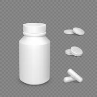 realistisch Container mit Tablets. Weiß Droge Kapseln und Pillen. Gesundheitswesen und Medizin Objekt zum Banner oder Poster. Vektor