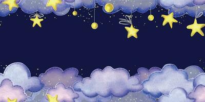 natt himmel med en gul suspenderad stjärnor och moln sydd från tyg med tråd stygn. barn s hand dragen vattenfärg illustration. sömlös baner, mall på en mörk blå bakgrund vektor