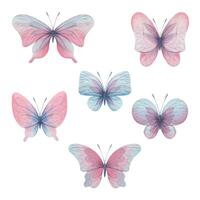 Schmetterlinge sind Rosa, Blau, lila, fliegend, zart mit Flügel und spritzt von malen. Hand gezeichnet Aquarell Illustration. einstellen von isoliert Elemente auf ein Weiß Hintergrund, zum Design vektor