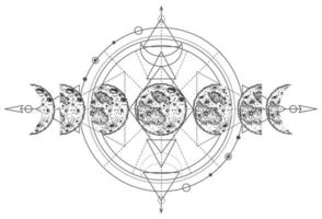 modern Magie Hexerei Karte mit Mond Phasen. heidnisch Mond Symbol. verdreifachen Mond heidnisch Wicca Mond Göttin Symbol. dreigesichtig Göttin. Tätowierung, Astrologie, Alchimie. Vektor