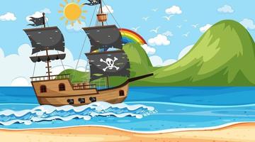 Ozean mit Piratenschiff bei Tageszeitszene im Karikaturstil vektor