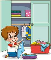 Vektor Illustration von süß Kinder Putten ihr Kleider im das Kleiderschrank.glücklich wenig Kinder tun Hausarbeit Reinigung.