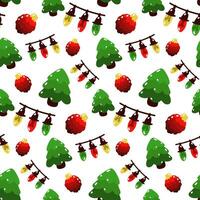 mönster tecknad serie jul träd leksak, krans, jul träd. vinter- högtider jul träd dekorationer vektor ändlös designer illustration. bakgrund av jul högtider på vit. element volym