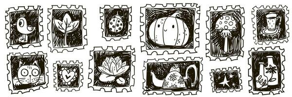 einstellen von Herbst und Halloween Briefmarke Symbole Vektor Design, Schlaganfall Konzept. ein Sammlung von Logos im Schwarz, Marker Schlaganfälle auf ein Weiß Hintergrund. Porto Briefmarken Kürbis, Katze, Herz, Sterne, Marienkäfer, Flaschen