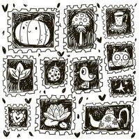 einstellen von Herbst und Halloween Briefmarke Symbole Vektor Design, Schlaganfall Konzept. ein Sammlung von Logos im Schwarz, Marker Schlaganfälle auf ein Weiß Hintergrund. Porto Briefmarken Kürbis, Katze, Herz, Sterne, Marienkäfer, Vogel