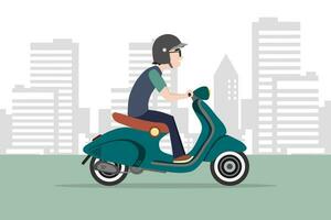 ein Mann tragen Helm Reiten ein Motor- Roller auf das Straße mit Stadt Hintergrund. Karikatur Vektor Illustration.