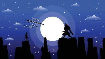 Hexe vs. Werwolf Silhouette Hintergrund 4k Schreibtisch. Hexe vs. Werwolf Silhouette Hintergrund. cool Stimmung und voll Mond. Landschaft Aussicht Illustration Vektor Hintergrund.