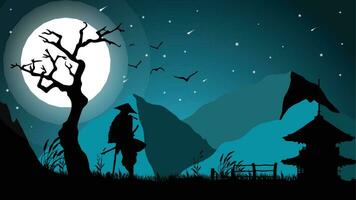 Samurai Hintergrund 4k Schreibtisch. Samurai Hintergrund. Mitternacht Stimmung und voll Mond. Landschaft Aussicht Illustration Vektor Hintergrund