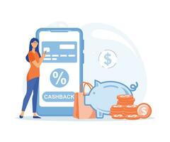 Cashback Konzept - - Frau mit Smartphone, Geld geht im ein Sparschwein. eben Vektor modern Illustration