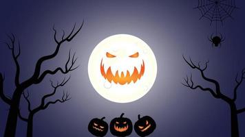 glad halloween, gigantisk måne och pumpa med träd på mörk natt bg vektor