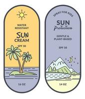 Wasser beständig Sonne Creme, Sonnenschutz Etiketten Vektor