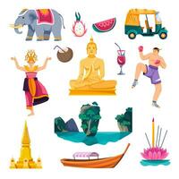 Thailand Kultur und Tourismus, Sehenswürdigkeiten und Früchte vektor