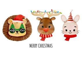 glad jul med hand dragen vattenfärg söt djur huvud bär santa hatt vektor