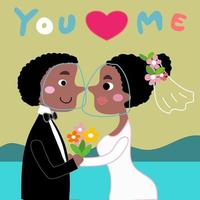 afrikanska bruden och brudgummen i covid beach bröllop tecknad vektor