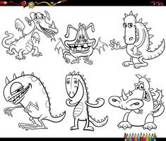 tecknad serie drakar fantasi djur- tecken uppsättning färg sida vektor