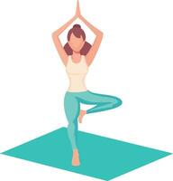 kvinna håller på med yoga på en yoga matta, platt stil vektor illustration, kvinna i träd utgör, lady i ett legged yoga utgör stock vektor bild