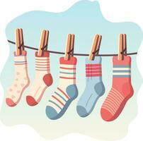 Trocknen Socken hängend auf ein Seil, eben Stil Vektor Illustration, anders Farben von Socken hängend auf ein Seil mit hängend Clips Lager Vektor Bild