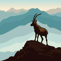 Berg wild Argali eben Stil Vektor Illustration, ovis Ammon auf ein Cliff, Berg Schaf auf ein Berg und das Himmel Aussicht Lager Vektor Bild